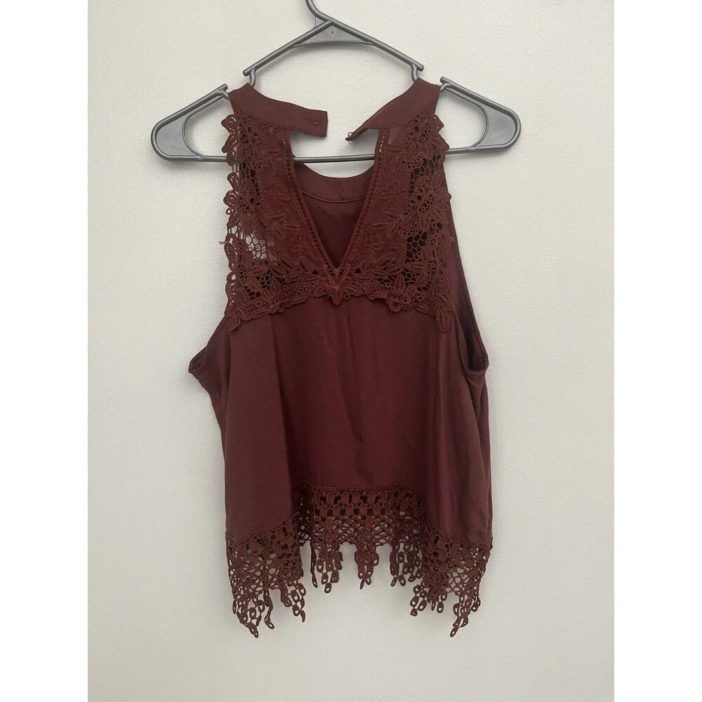Rue 21 Women’s Top Blouse Crochet Sleeveless Halter Neck Size L Burgundy